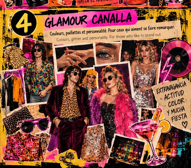 Collage Glamour canalla : couleurs, imprimés, velours et tenues excentriques des années 90