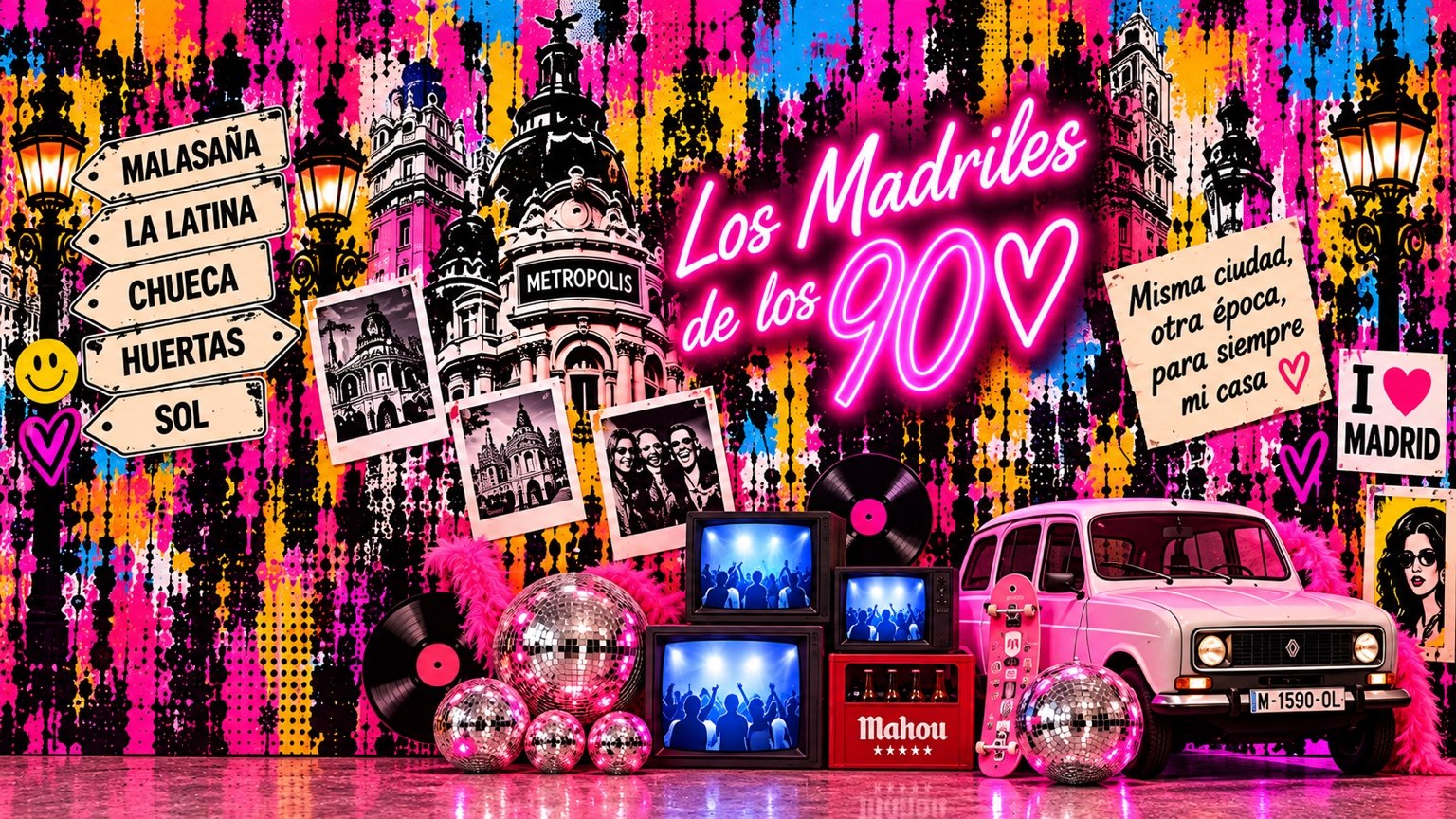 Photocall Los Madriles de los 90, Madrid en neón rosa, vinilos et quartiers madrilènes